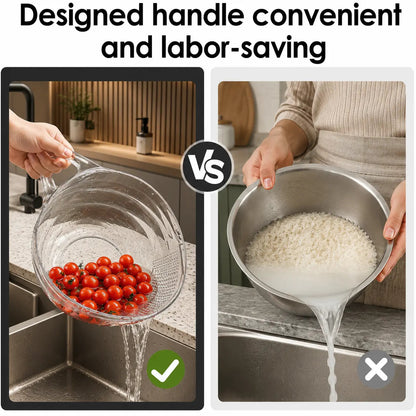 Multifunctional Rice Strainer Bowl with Handle, Sturdy Food-Grade Fruit Vegetable Draining Basket, Clear Plastic Kitchen Colander