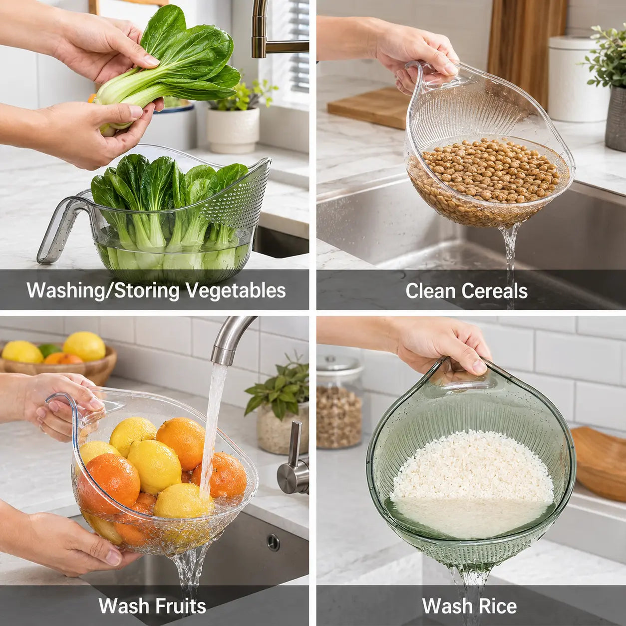 Multifunctional Rice Strainer Bowl with Handle, Sturdy Food-Grade Fruit Vegetable Draining Basket, Clear Plastic Kitchen Colander