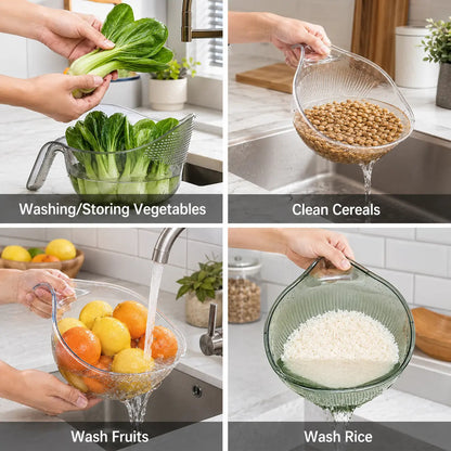 Multifunctional Rice Strainer Bowl with Handle, Sturdy Food-Grade Fruit Vegetable Draining Basket, Clear Plastic Kitchen Colander