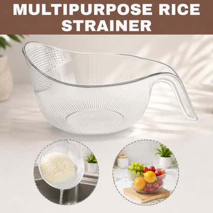 Multifunctional Rice Strainer Bowl with Handle, Sturdy Food-Grade Fruit Vegetable Draining Basket, Clear Plastic Kitchen Colander
