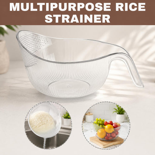 Multifunctional Rice Strainer Bowl with Handle, Sturdy Food-Grade Fruit Vegetable Draining Basket, Clear Plastic Kitchen Colander
