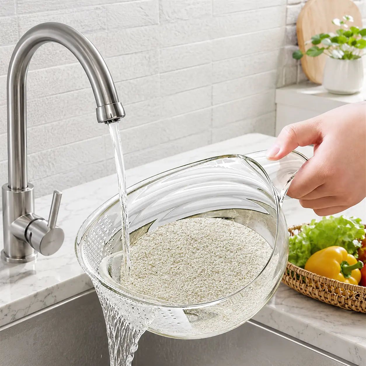 Multifunctional Rice Strainer Bowl with Handle, Sturdy Food-Grade Fruit Vegetable Draining Basket, Clear Plastic Kitchen Colander