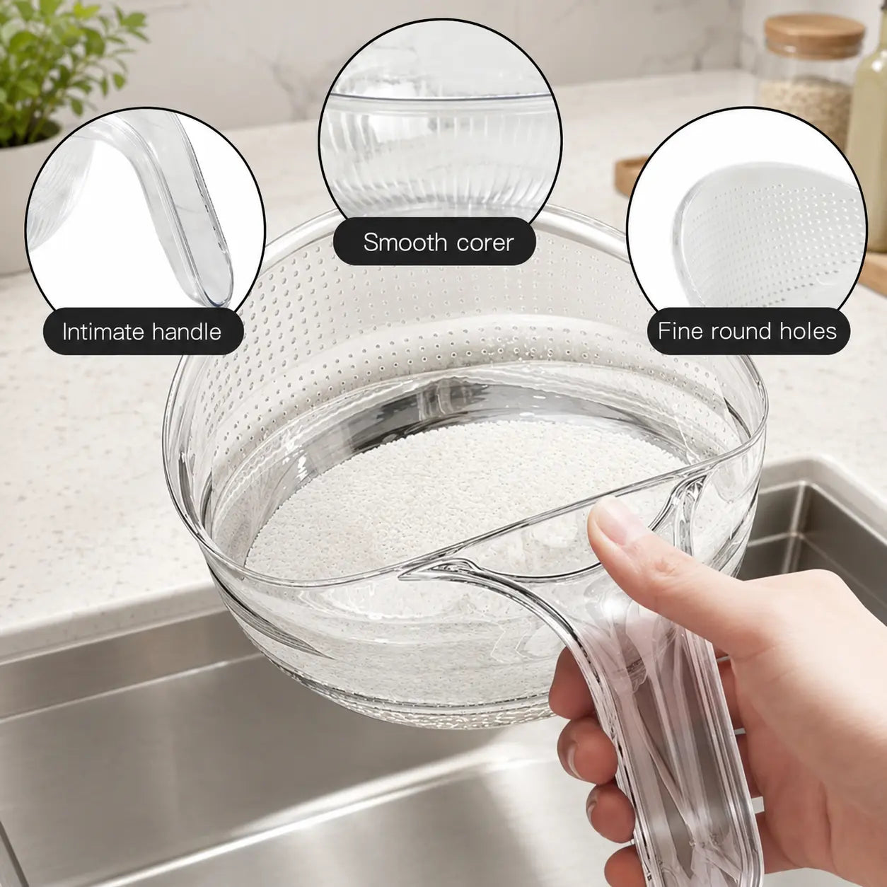 Multifunctional Rice Strainer Bowl with Handle, Sturdy Food-Grade Fruit Vegetable Draining Basket, Clear Plastic Kitchen Colander