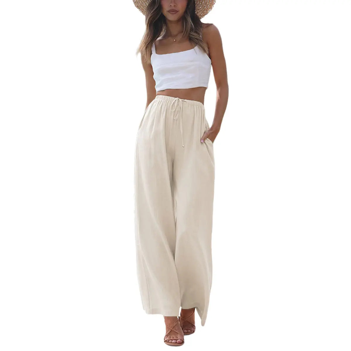 Women's Cotton Linen Summer Palazzo Pants Flowy Wide Leg Beach Trousers with Pockets Casual Womenswear SummerVibes