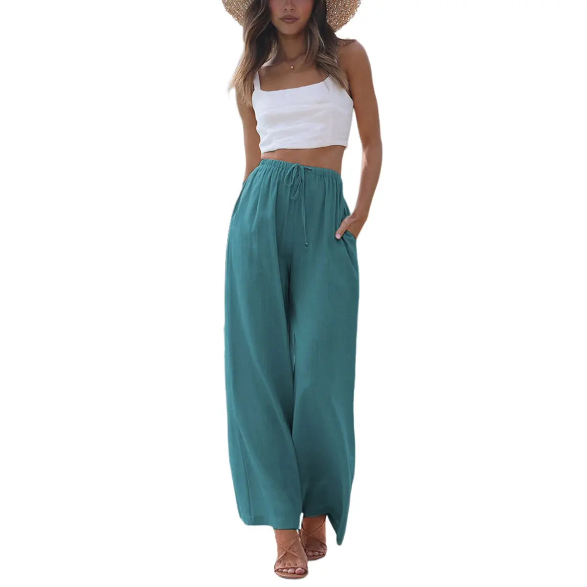 Women's Cotton Linen Summer Palazzo Pants Flowy Wide Leg Beach Trousers with Pockets Casual Womenswear SummerVibes