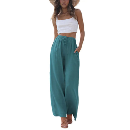 Women's Cotton Linen Summer Palazzo Pants Flowy Wide Leg Beach Trousers with Pockets Casual Womenswear SummerVibes