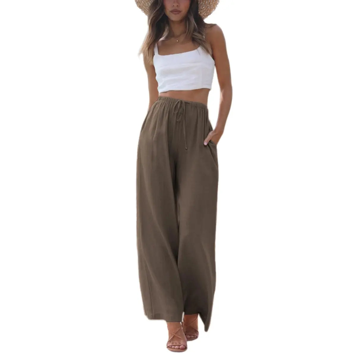 Women's Cotton Linen Summer Palazzo Pants Flowy Wide Leg Beach Trousers with Pockets Casual Womenswear SummerVibes