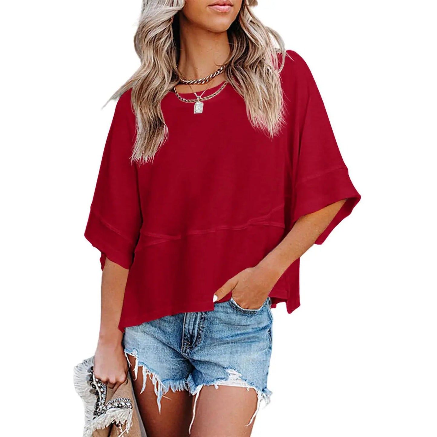 Panel Solid Color Flared Sleeve T-Shirt