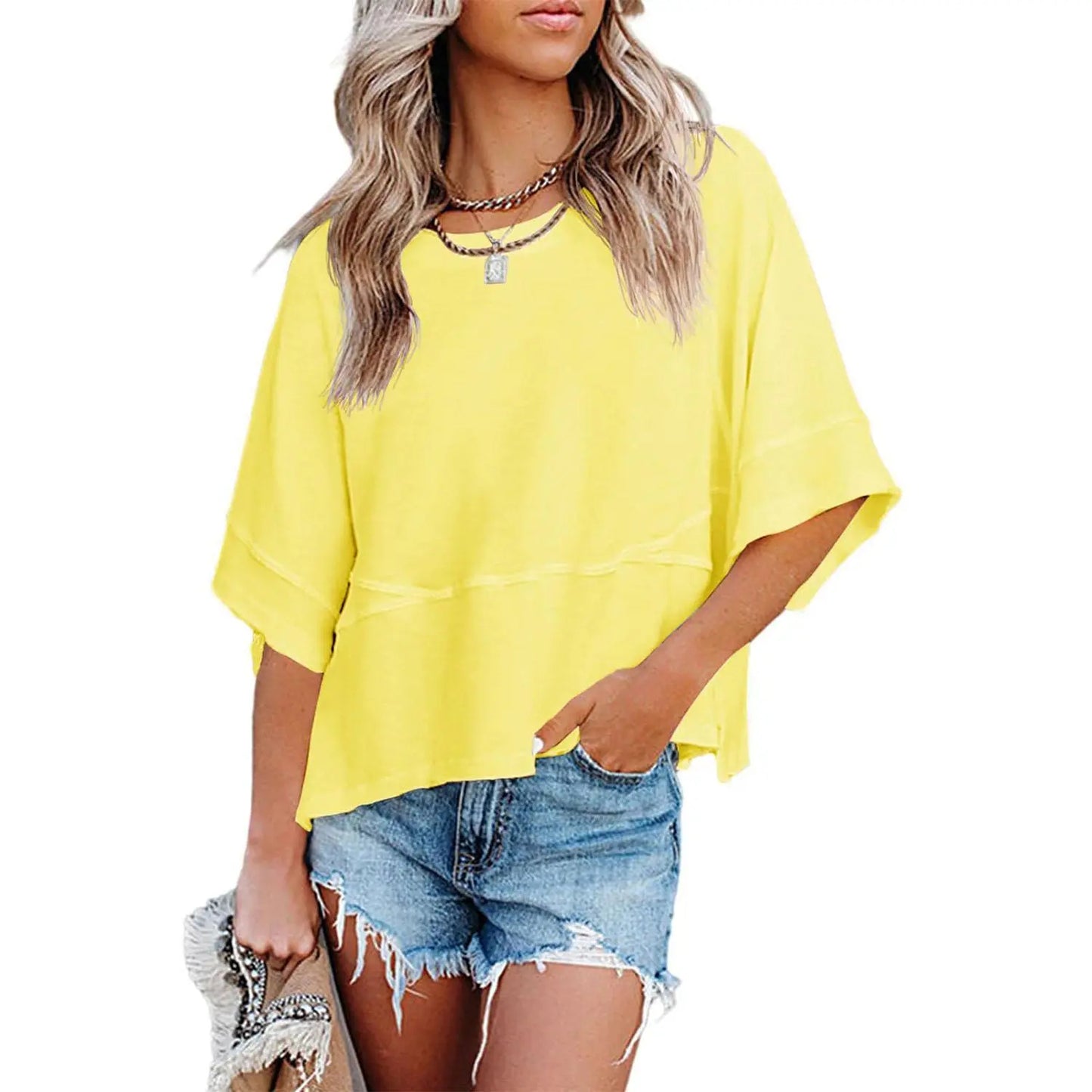 Panel Solid Color Flared Sleeve T-Shirt