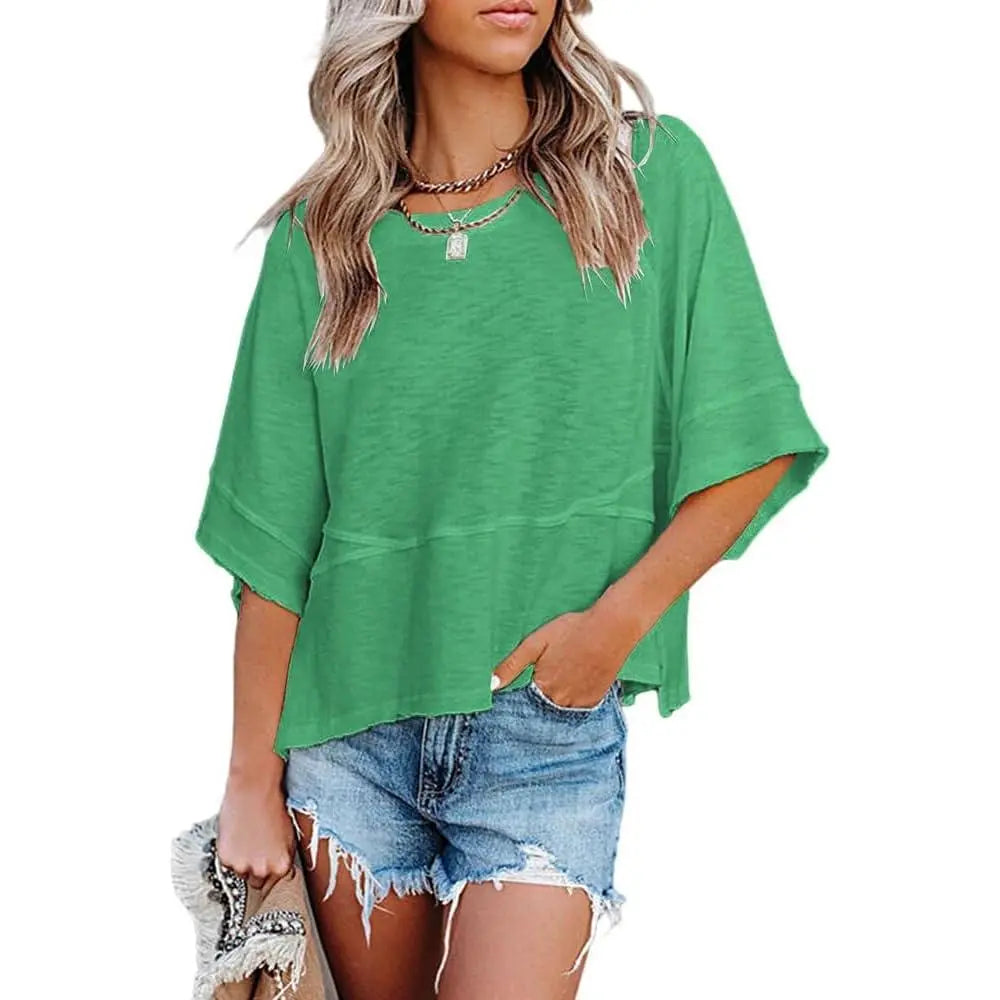 Panel Solid Color Flared Sleeve T-Shirt