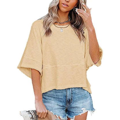 Panel Solid Color Flared Sleeve T-Shirt