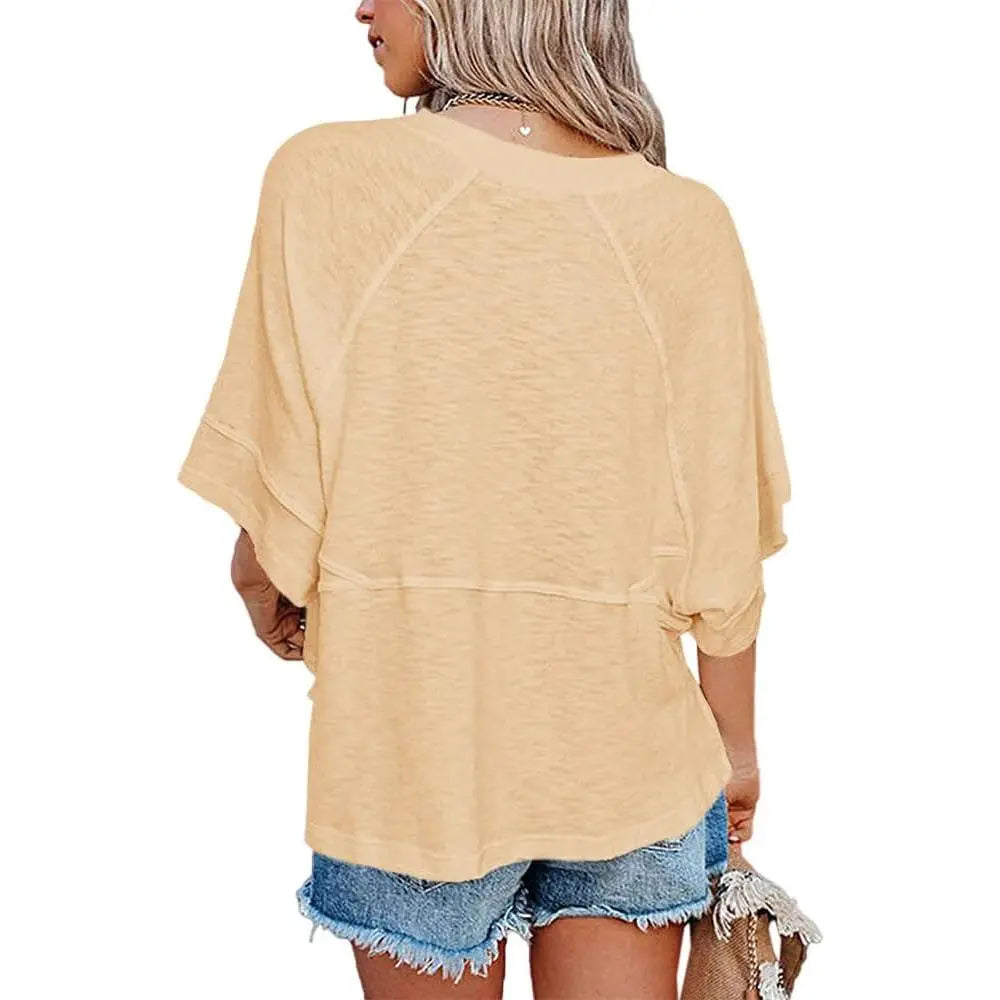 Panel Solid Color Flared Sleeve T-Shirt