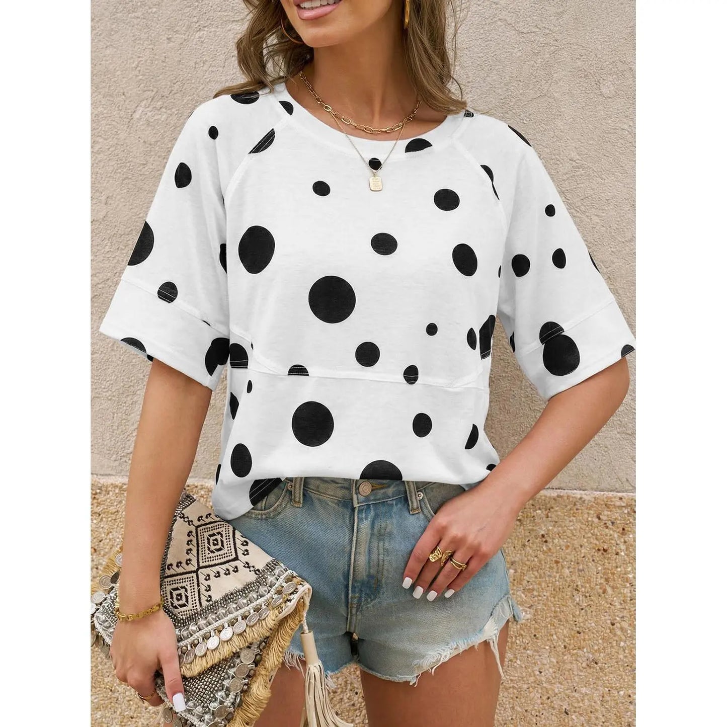 Panel Solid Color Flared Sleeve T-Shirt