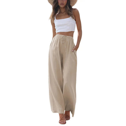 Women's Cotton Linen Summer Palazzo Pants Flowy Wide Leg Beach Trousers with Pockets Casual Womenswear SummerVibes