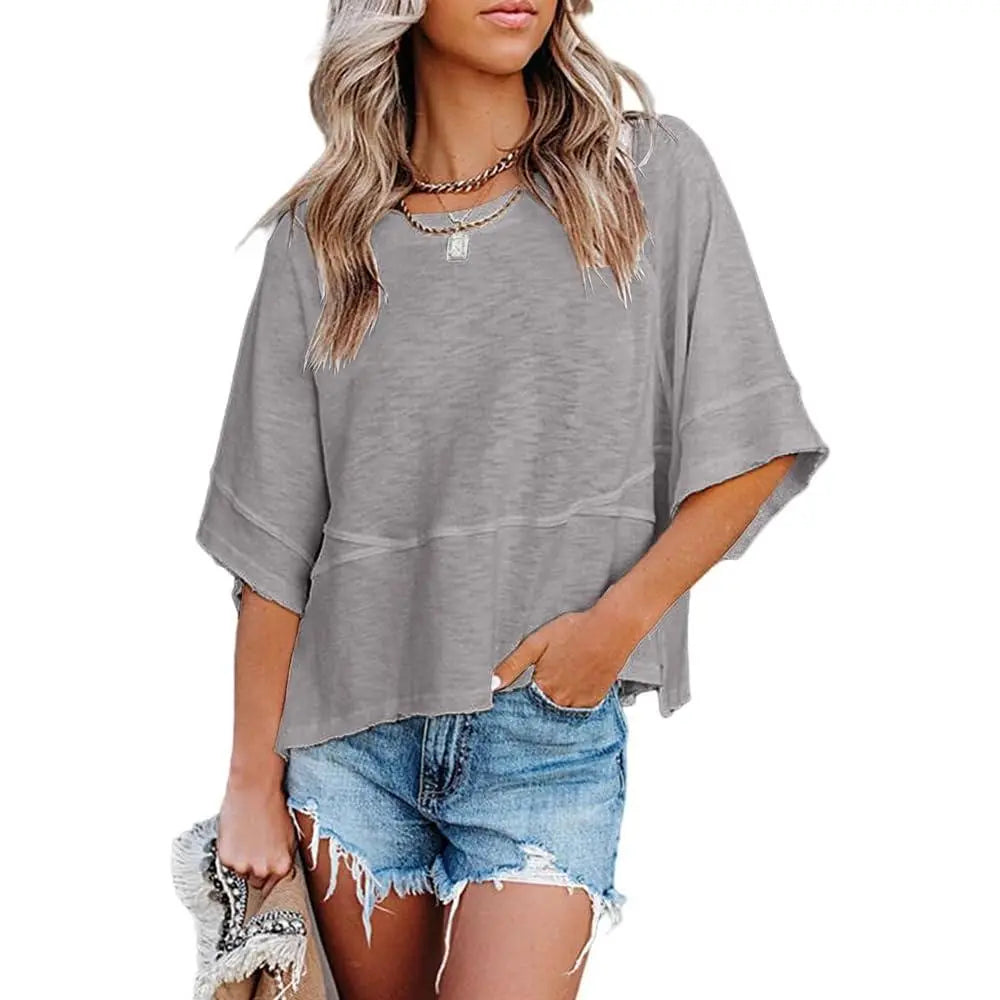Panel Solid Color Flared Sleeve T-Shirt