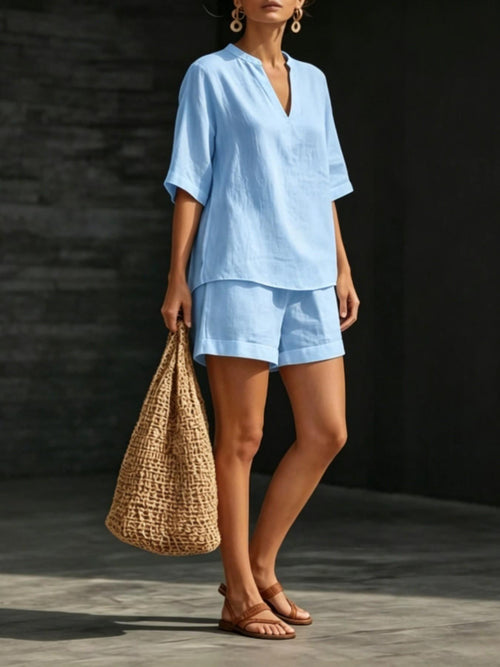 🥳2026 HOT SALE🥳💞50K+ SOLD!☕🧘‍♀️Women's V-Neck Short Sleeve Top Set, Fashion Casual Loose Fit Shorts Two-Piece, Comfortable and Stylish Summer Wear