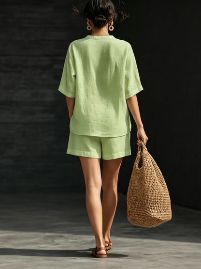 🥳2026 HOT SALE🥳💞50K+ SOLD!☕🧘‍♀️Women's V-Neck Short Sleeve Top Set, Fashion Casual Loose Fit Shorts Two-Piece, Comfortable and Stylish Summer Wear