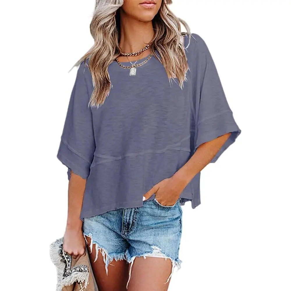 Panel Solid Color Flared Sleeve T-Shirt