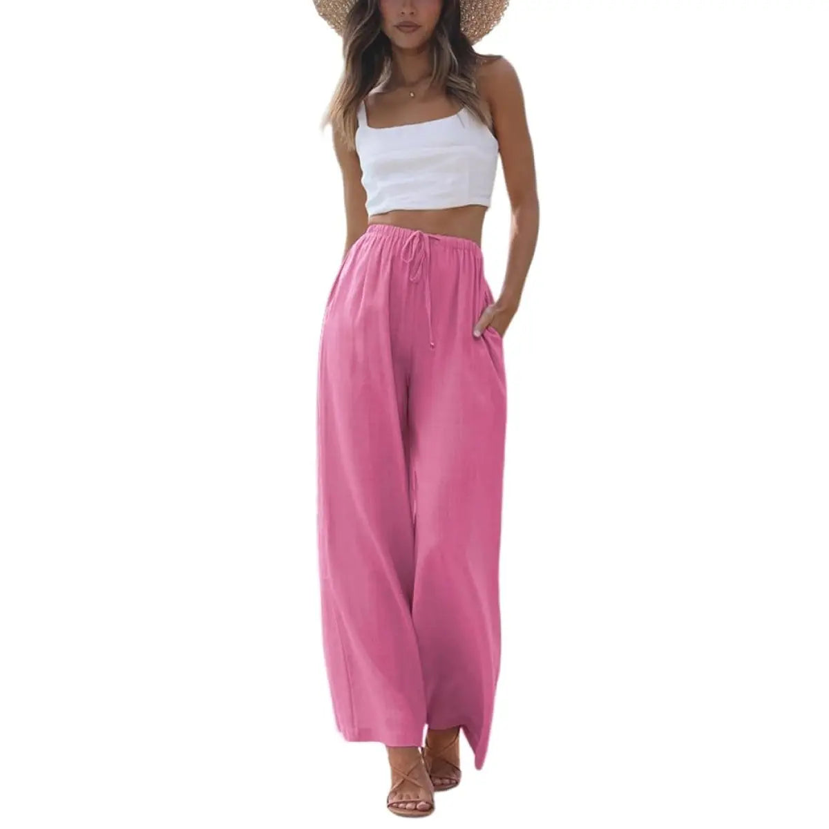 Women's Cotton Linen Summer Palazzo Pants Flowy Wide Leg Beach Trousers with Pockets Casual Womenswear SummerVibes