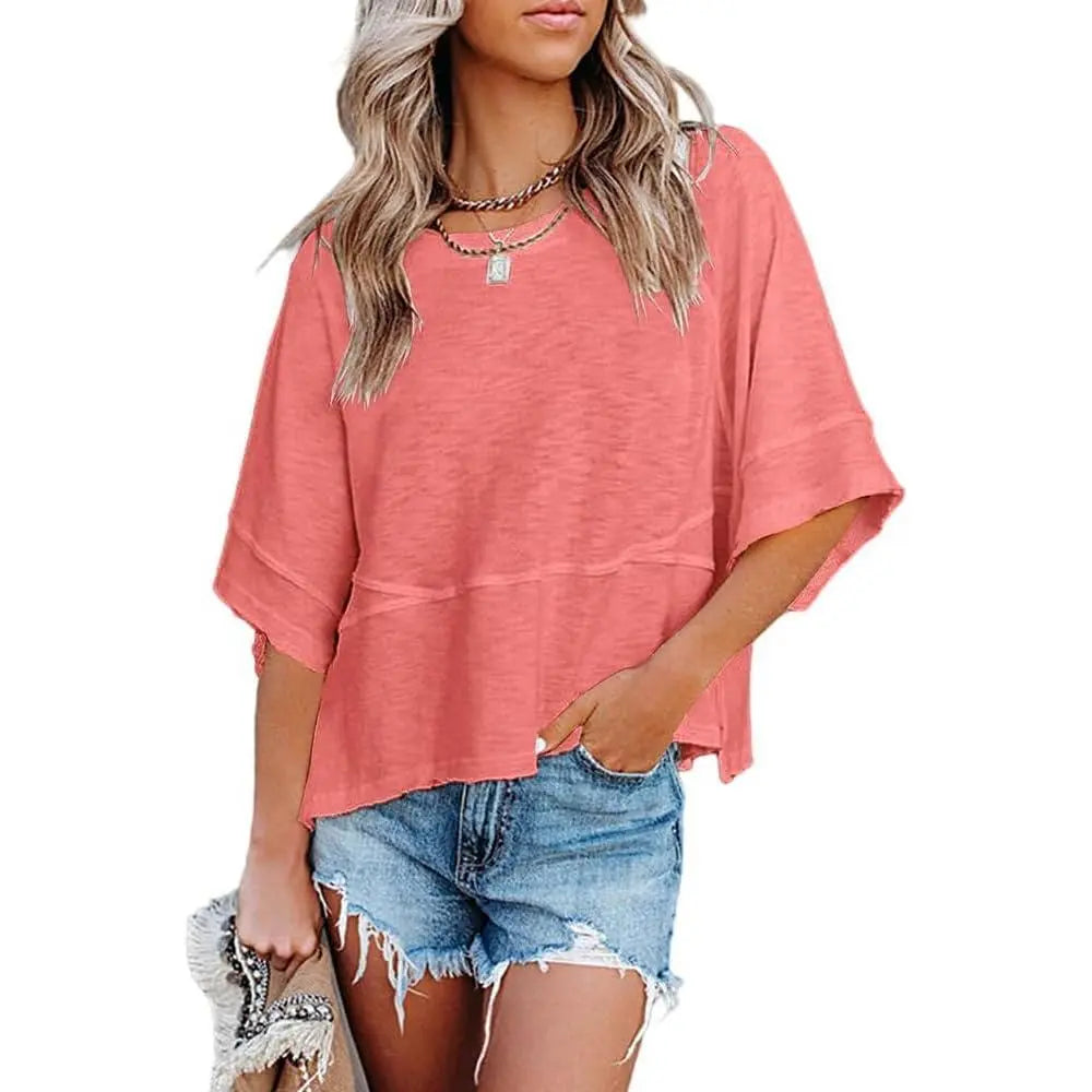 Panel Solid Color Flared Sleeve T-Shirt