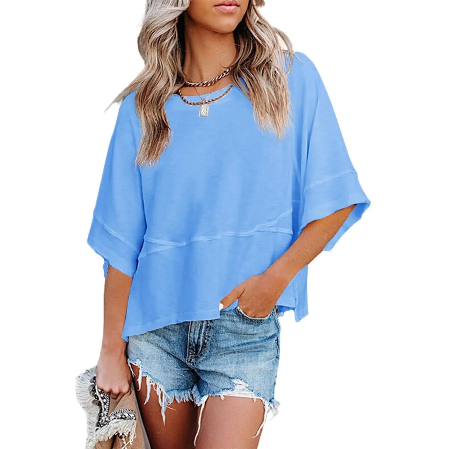 Panel Solid Color Flared Sleeve T-Shirt