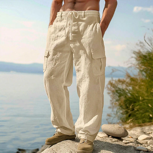 Men's Linen Cargo Pants Casual Summer Beach Pants