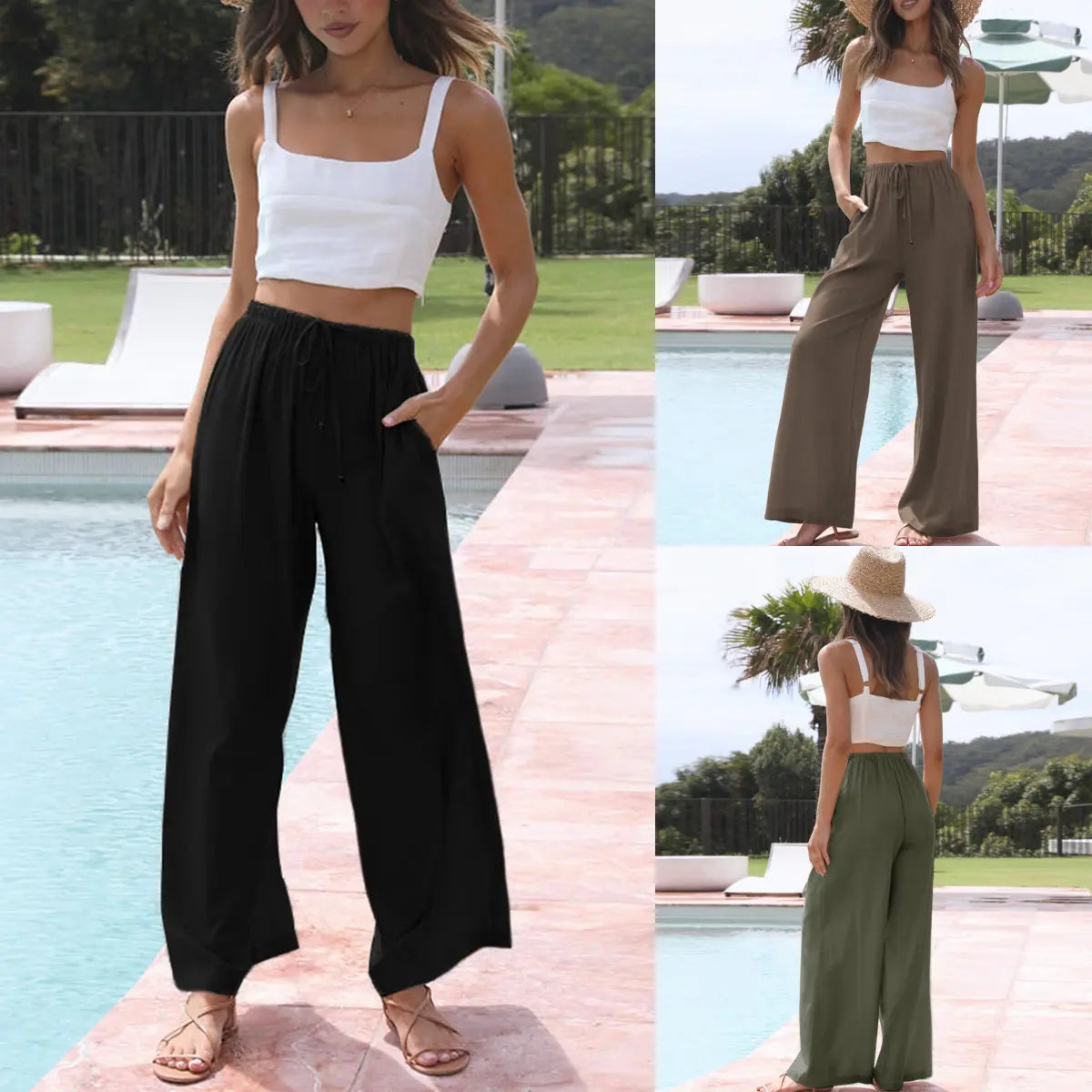 Women's Cotton Linen Summer Palazzo Pants Flowy Wide Leg Beach Trousers with Pockets Casual Womenswear SummerVibes