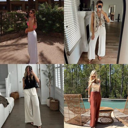 Women's Cotton Linen Summer Palazzo Pants Flowy Wide Leg Beach Trousers with Pockets Casual Womenswear SummerVibes