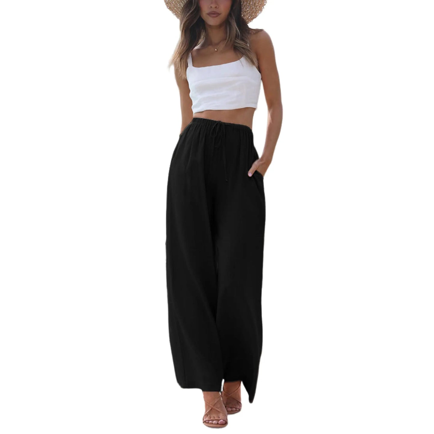 Women's Cotton Linen Summer Palazzo Pants Flowy Wide Leg Beach Trousers with Pockets Casual Womenswear SummerVibes