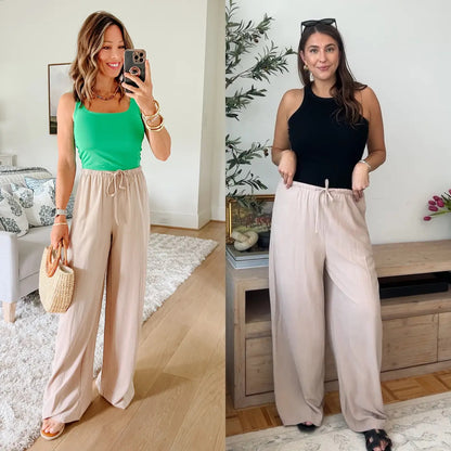 Women's Cotton Linen Summer Palazzo Pants Flowy Wide Leg Beach Trousers with Pockets Casual Womenswear SummerVibes