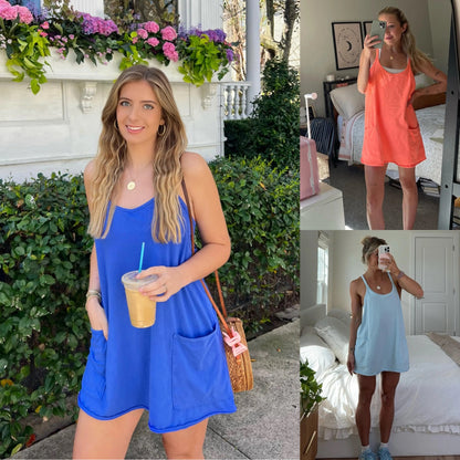 Women's Summer Sleeveless Mini Dress V Neck Spaghetti Straps Athletic Built-in Shorts Sundress SummerVibes