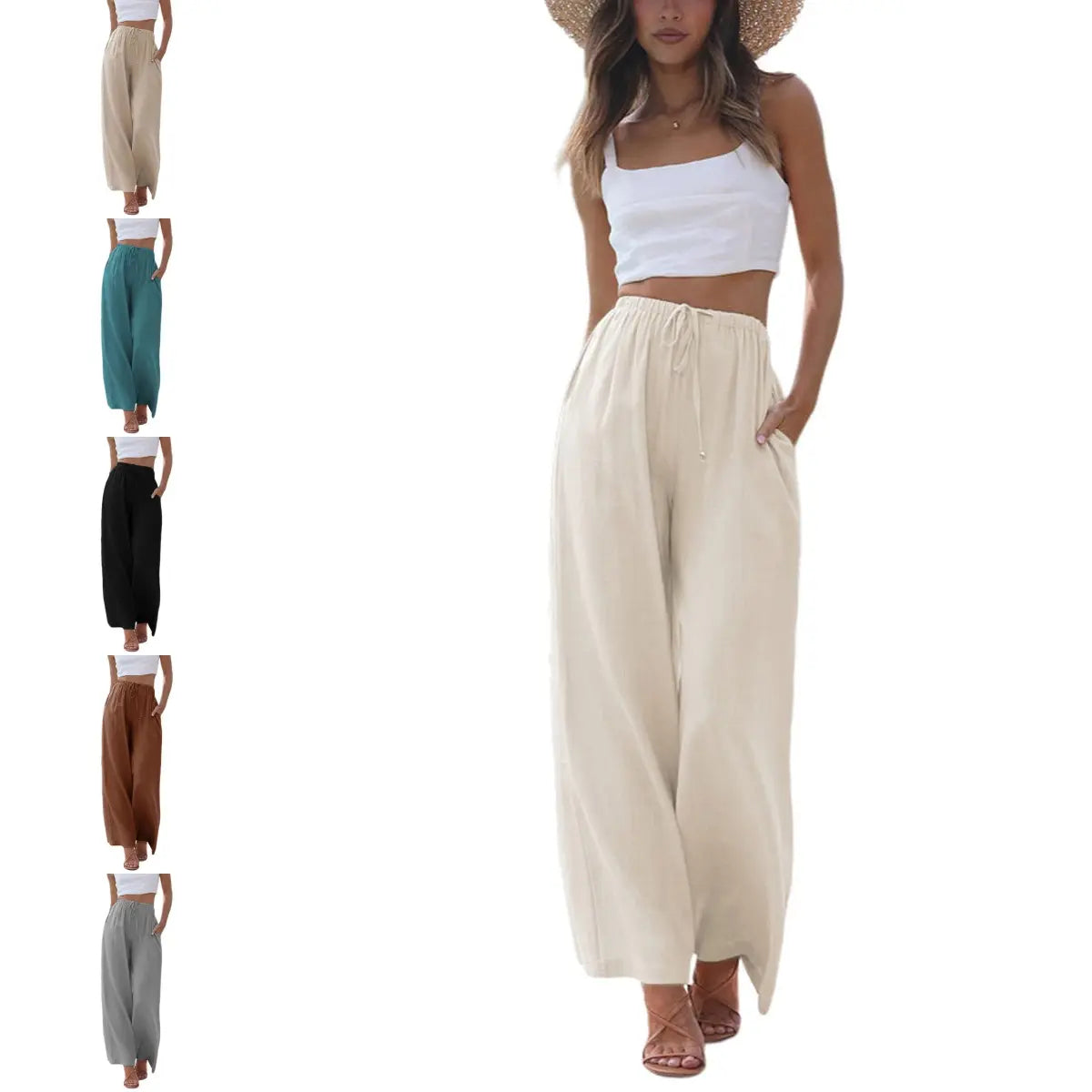 Women's Cotton Linen Summer Palazzo Pants Flowy Wide Leg Beach Trousers with Pockets Casual Womenswear SummerVibes