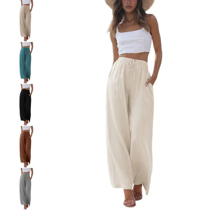 Women's Cotton Linen Summer Palazzo Pants Flowy Wide Leg Beach Trousers with Pockets Casual Womenswear SummerVibes