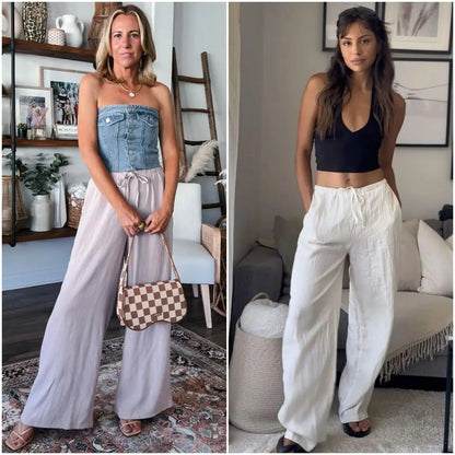 Women's Cotton Linen Summer Palazzo Pants Flowy Wide Leg Beach Trousers with Pockets Casual Womenswear SummerVibes