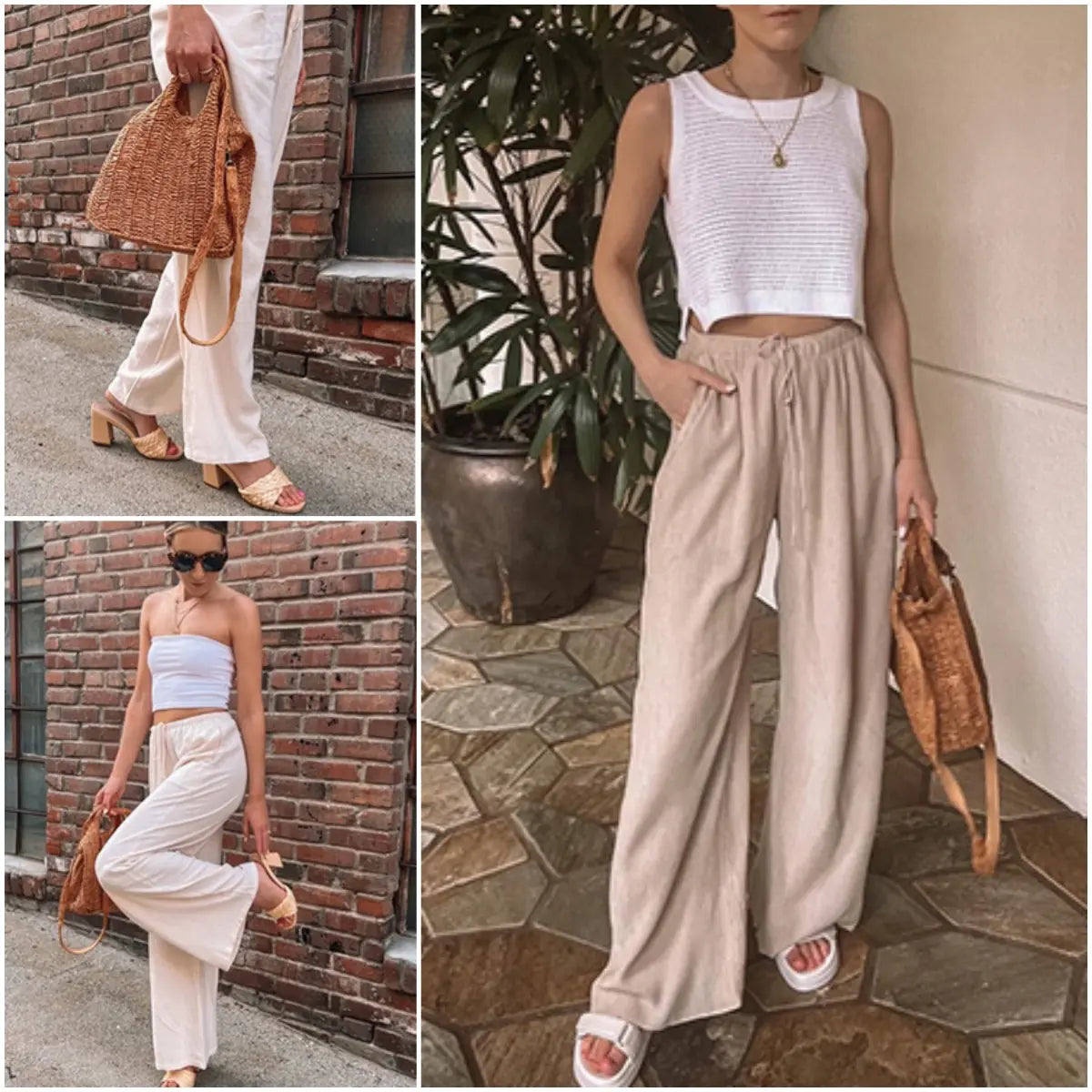 Women's Cotton Linen Summer Palazzo Pants Flowy Wide Leg Beach Trousers with Pockets Casual Womenswear SummerVibes