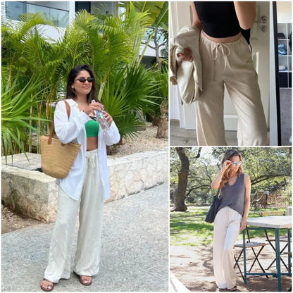 Women's Cotton Linen Summer Palazzo Pants Flowy Wide Leg Beach Trousers with Pockets Casual Womenswear SummerVibes
