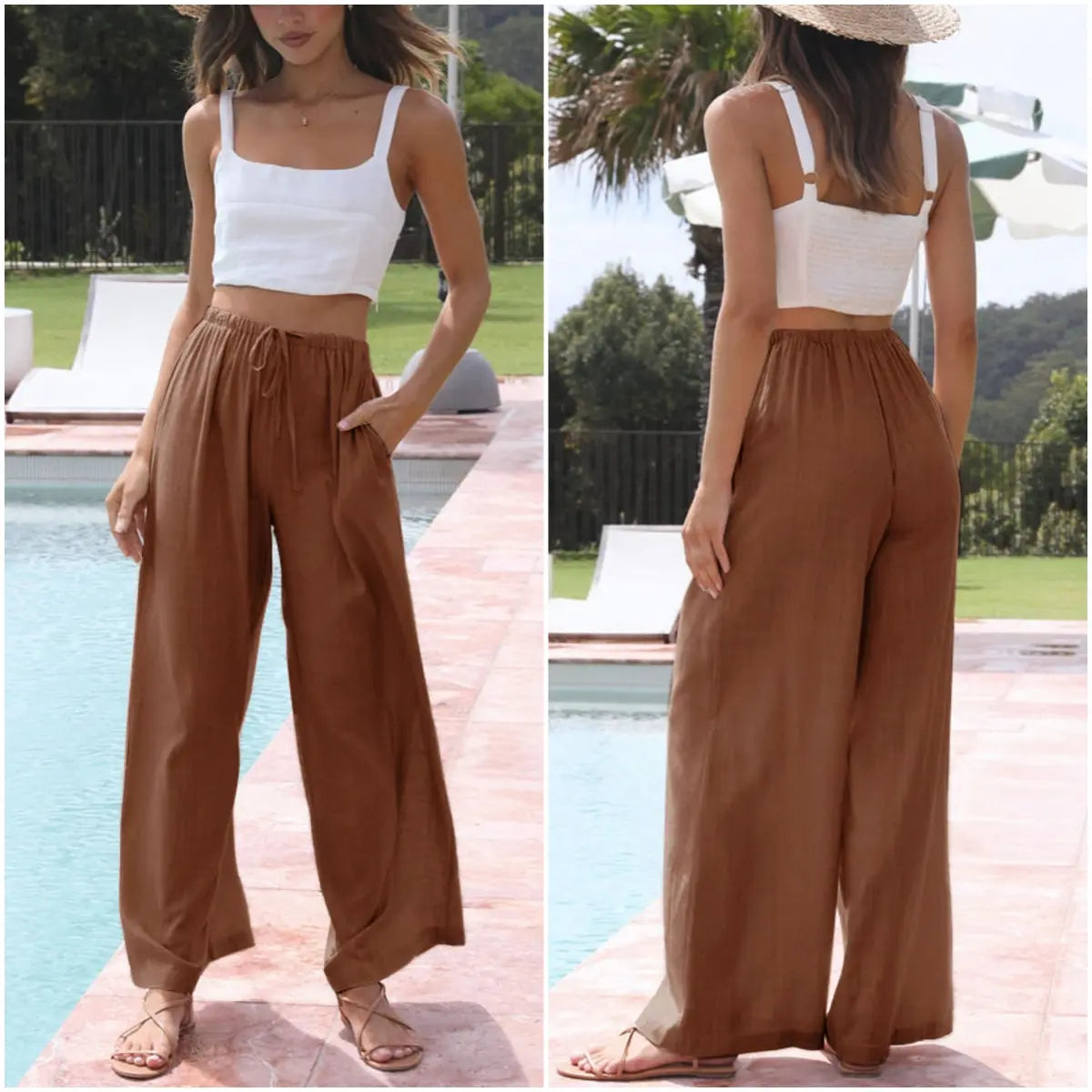 Women's Cotton Linen Summer Palazzo Pants Flowy Wide Leg Beach Trousers with Pockets Casual Womenswear SummerVibes