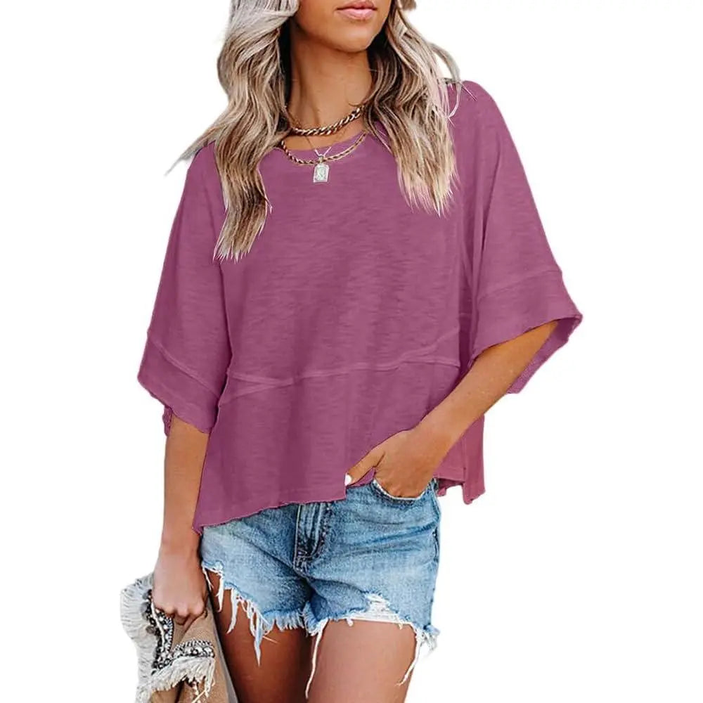 Panel Solid Color Flared Sleeve T-Shirt