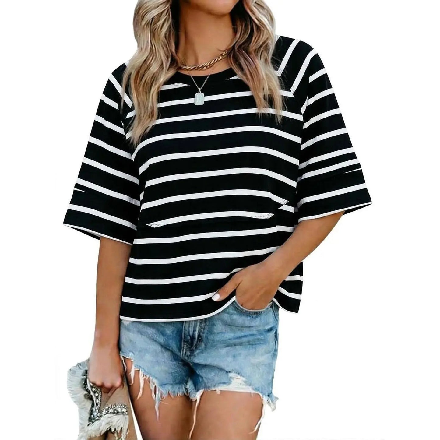 Panel Solid Color Flared Sleeve T-Shirt