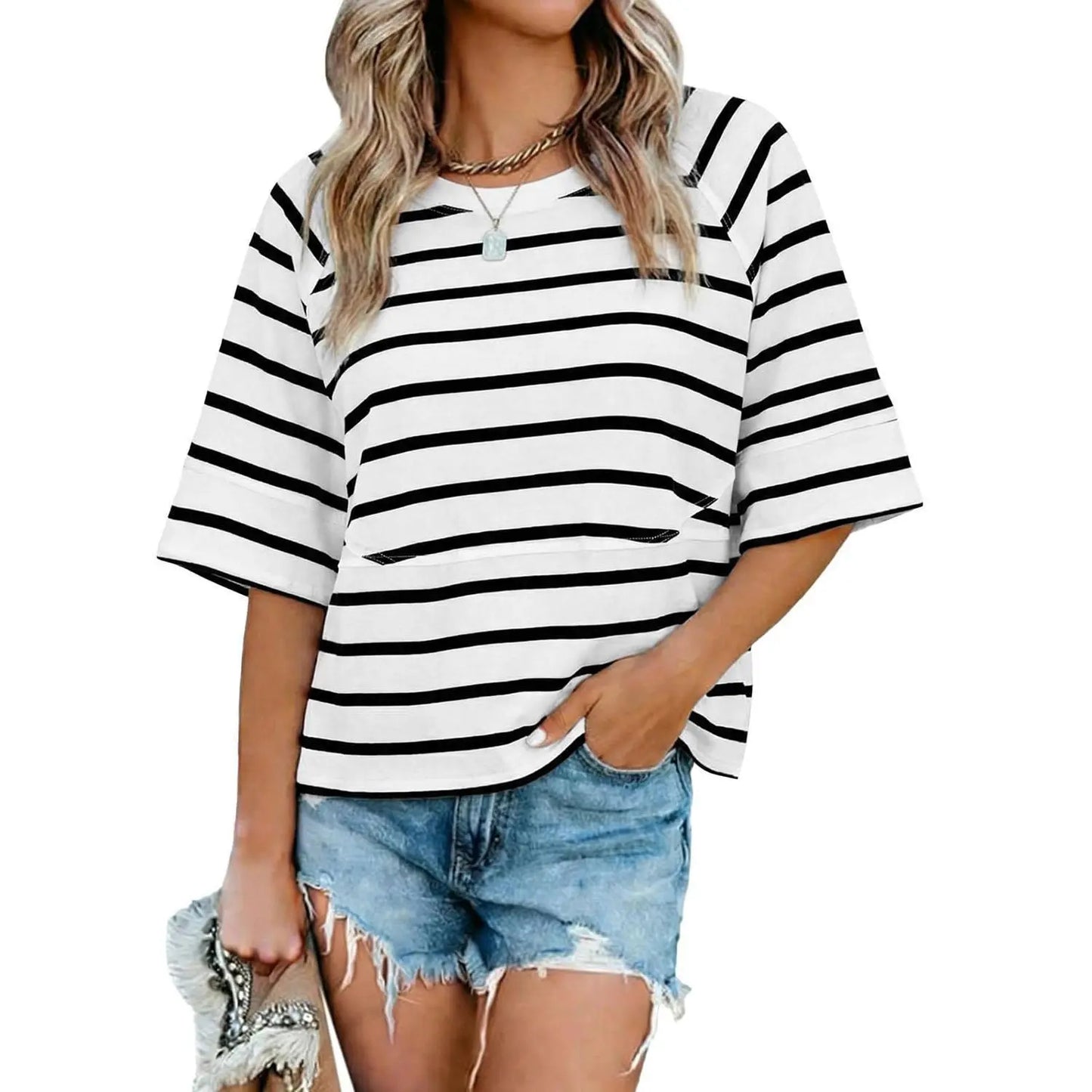 Panel Solid Color Flared Sleeve T-Shirt